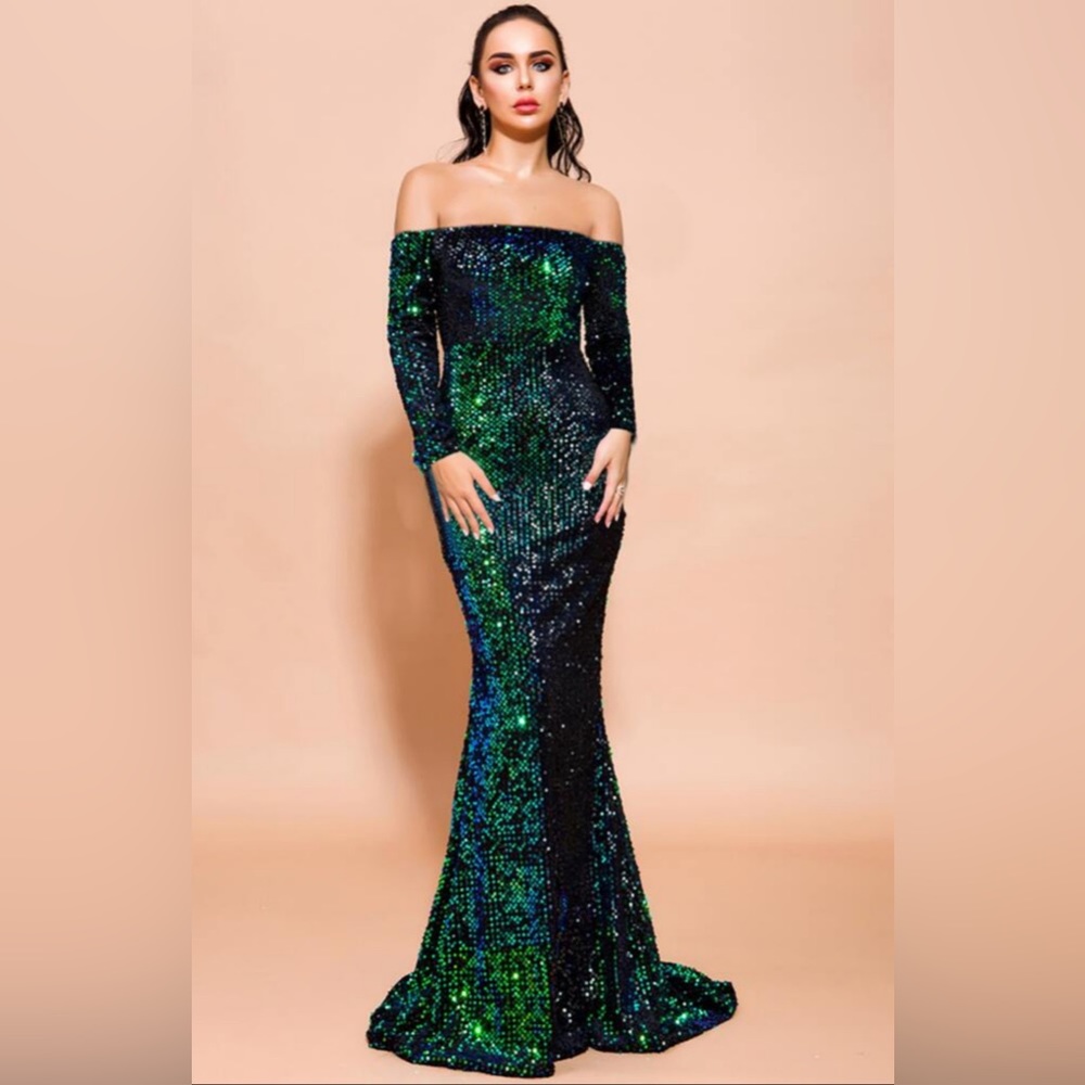 Missord Off Shoulder Iridescent Sequin Fishtail Prom Dress Dark green New Dress
